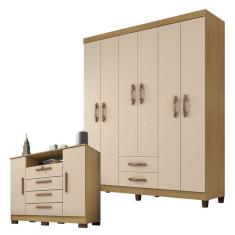 Kit Guarda Roupa Casal Módena 6 Portas 2 Gavetas MDP Carvalho Americano Off White Incorplac