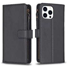 Capa com alça de pulso para iPhone 15 Pro, 9 compartimentos para cartão, 1 carteira de couro com zíper, suporte flip com fecho magnético, capa para celular compatível com iPhone 15 Pro 5G 6,1