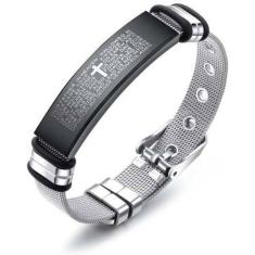 Pulseira Masculina Bracelete Malha de Aço Oração Pai Nosso