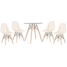 Kit - Mesa De Vidro Eames 70 Cm + 4 Cadeiras Estofadas Eiffel Botonê -