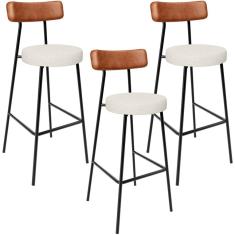 Kit 03 Banquetas Alta Cozinha Sala Jantar Milão L02 Couríssimo Camel Linho Champagne - Lyam Decor