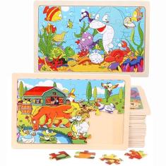 Kit 2 Quebra-Cabeça de Madeira Reino Animais 24 Peças Brinquedo Educativo e Pedagógico