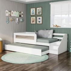 Bicama Infantil Space Solteiro com Rattan, Grade de Proteção e Escada 