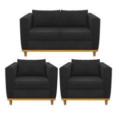 Kit Sofá 2 Lugares e 2 Poltronas Europa Suede Amarena Móveis, Preto