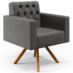 Poltrona Decorativa Giratória Base de Madeira Manu L02 Capitonê Linho 