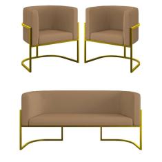 Kit 2 Poltronas Sofá 2 Lugares Para Recepção Gold Veludo Capuccino