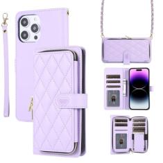 Capa carteira para iPhone 15 Pro, bolsa flip de couro com zíper com suporte para cartão, capa de telefone à prova de choque com fivela magnética com corda de mão e corrente de couro para mulheres