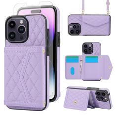 Asuwish Capa de celular para iPhone 14 Pro de 6,1 polegadas com protetor de tela de vidro temperado com bloqueio de RFID, alça transversal para iPhone14Pro 5G i i-Phone i14 iPhone14 14Pro, feminina,