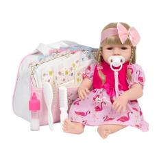 Bebê Boneca Reborn Loira Vestido Flamingo Rosa 20 Acessórios