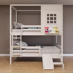 Beliche Casinha Reta com Grade Removível e Escorregador Madeira Maciça Branco Housin