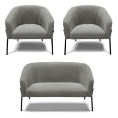 Sofá Namoradeira E 2 Poltronas Pé De Ferro Preto Stella Suede D03 - D'