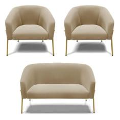 Sofá Namoradeira E 2 Poltronas Pé De Ferro Dourado Stella Suede D03 - 