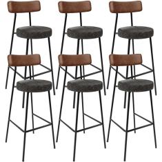 Kit 06 Banquetas Alta Cozinha Sala De Jantar Milão L02 Couríssimo Marrom Linho Chumbo - Lyam Decor