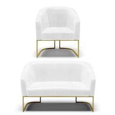 Sofá Namoradeira e Poltrona Base Industrial Dourado Stella Corano Branco D03 - D`Rossi