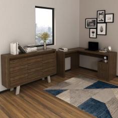 Kit 2 Peças com Mesa para Escritório em L e Armário Multiuso Baixo 3 P