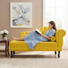 Recamier Decorativo Divã Larissa Lado Esquerdo Couro Amarelo Pés Madei
