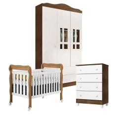 Quarto de Bebê Ariel 3 Portas com Gaveteiro e Berço Americano Lila Branco Acetinado Amadeirado - Carolina