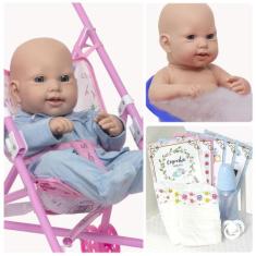 Boneco Reborn Masculino Fofo Corpo 100% Silicone + Carrinho - Cegonha 