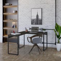Mesa de Escritório em L Estilo Industrial 120x150cm Kuadra Carvalho Dark / Est.Preta