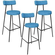 Kit 03 Banquetas Alta Bar Cozinha Sala De Jantar Estrutura Em Aço Milão L02 Linho Azul - Lyam Decor