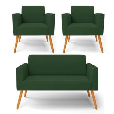 Sofá Namoradeira Com 2 Poltronas Pés Palito Castanho Marisa Veludo D03 - D\'rossi Cor Verde
