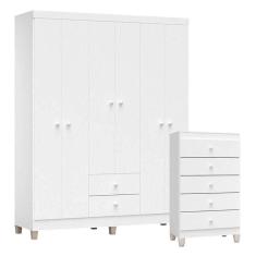 Cômoda Gaveteiro E Guarda Roupa 6 Portas Ternura Baby Branco Brilho - Incorplac