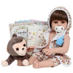 Boneco Bebê Reborn Menino Saída de Banho Macaquinho 12 Itens - Cegonha