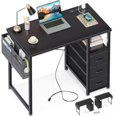 AODK Mesa de computador pequena de 81 cm com gavetas de tecido e estação de carregamento, mesa de escritório para quarto, mesa de escritório em casa com prateleira de armazenamento e bolsa para