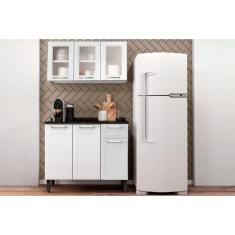 Cozinha Completa Múltipla 2 Peças 1 Aéreo + 1 Balcão 3 Portas 1 Gaveta Madeira 105cm Branco Corrediças Simples