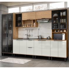 Cozinha Modulada Toscana 6 Peças Mdf Com Paneleiro 1 Forno E Cristaleira Freijó-off White