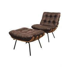 Poltrona E Puff De Couro Costela Marrom - Mempra