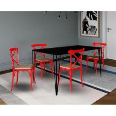 Jogo De Mesa Elen Retangular Tampo De Madeira 140X80Cm Preto Com 4 Cadeiras Katrina Vermelhao