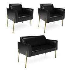 Sofá Namoradeira E 2 Poltronas Pé De Ferro Dourado Marisa Corano Preto D03