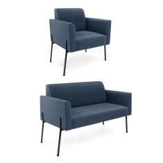 Sofá Namoradeira E Poltrona Pé De Ferro Preto Marisa Suede Azul Marinho D03 - D`rossi