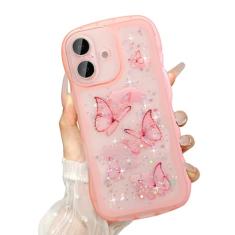 UEEBAI Capa de borboleta ondulada para iPhone 16, linda estrela borboleta brilhante para mulheres linda capa de telefone brilhante com glitter para meninas capa transparente encaracolado à prova de
