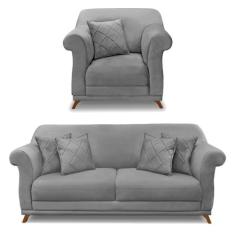 Kit Poltrona e Sofá Living 2 Lugares 1,60m Vênus Veludo Pés Castanho -