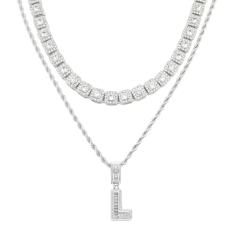 HH BLING EMPIRE Colar de corrente com pingente de letra inicial de diamante de zircônia cúbica gelada de prata, corda com pingente e corrente de tênis baguete | 2 conjuntos de colares, 18 inches, 20