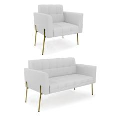 Sofá Namoradeira E Poltrona Base Pé De Ferro Dourado Elisa Linho D03 - D'rossi Cor A05 Cinza