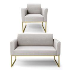 Sofá Namoradeira Com Poltrona Base Industrial Dourado Marisa Veludo Cinza D03 - D'rossi