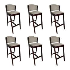 Kit 6 Banquetas Alta de Madeira Maciça Castanho Premium Ana com Encosto Linho Bege