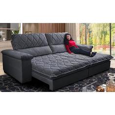 Sofá Retrátil e Reclinável 2,95m Molas Ensacadas Cama Inbox Big Home Bordado 3d Linho Cinza Escuro