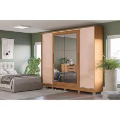 Guarda-roupa 4 Portas de Correr e 4 Gavetas com Pés e Espelho Canela/Macadâmia