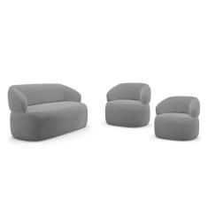 Kit 02 Poltronas Giratória e 01 Sofá Orgânico Glee 03 Lugares 170cm Veludo Cinza - Desk Design