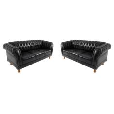 Dois Sofás Chesterfield Capitone Duque Corano Preto - NOVO ENCANTO