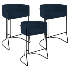 Kit 03 Banquetas Fixa Preto Veludo Azul Oxford C-304