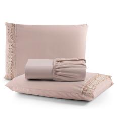 Jogo De Lençol Rubi Casal 3 Pçs 100% Algodão 200 Fios Ponto Palito Bordado - Avelã