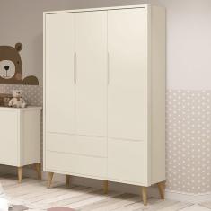Guarda Roupa Infantil Theo 3 Portas Areia Fosco Com Pés Madeira Natural Reller Móveis Areia Fosco