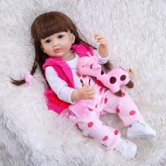 Boneca Reborn Baby Doll de 22 polegadas de cabelo castanho comprido, menina de corpo inteiro