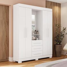 Guarda-roupa Solteiro 164,10cm 4 Portas 3 Gavetas Capelinha com Espelho 100% Mdp Gardênia Branco