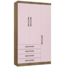 Guarda Roupa Modulado 132cm 3 Portas E 4 Gavetas Paris Luciane Móveis Avelã Pf Com Rosa Pf